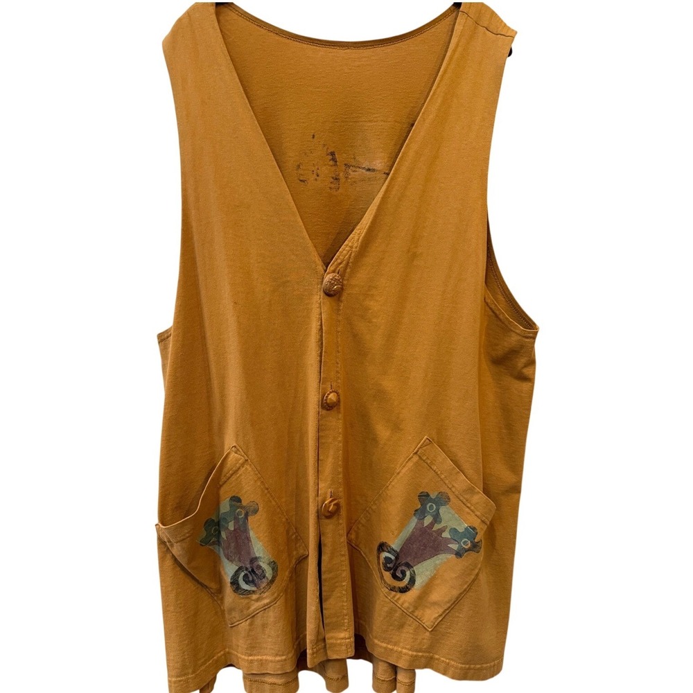 Vintage Blue Fish Womens Top Hand Painted Organic Cotton Size L Made USA Artsy